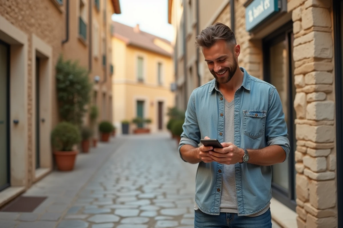 Un homme vérifie ses services bancaires sur smartphone devant une agence bancaire régionale dans un village d'Occitanie