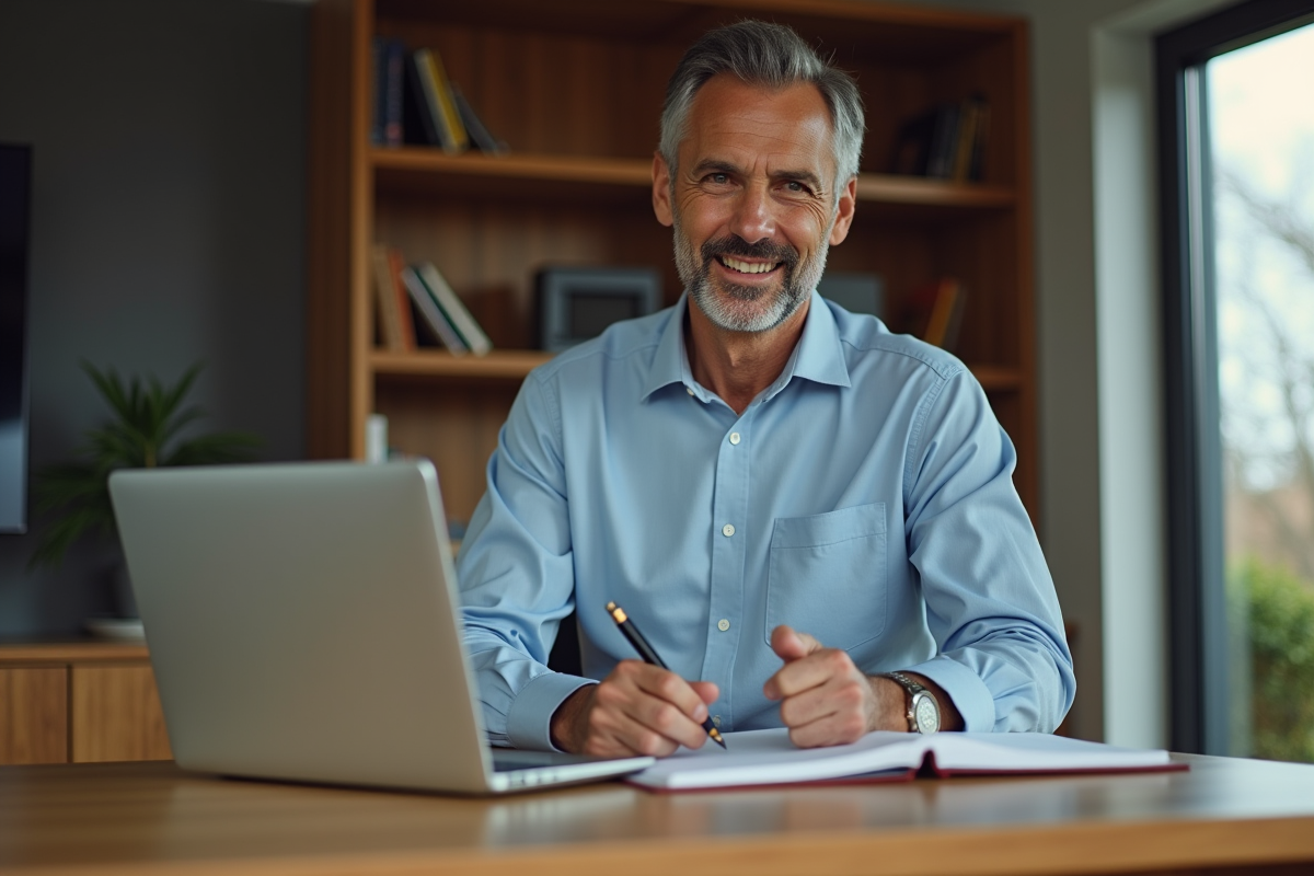 Homme en costume dans un bureau moderne analysant des documents
