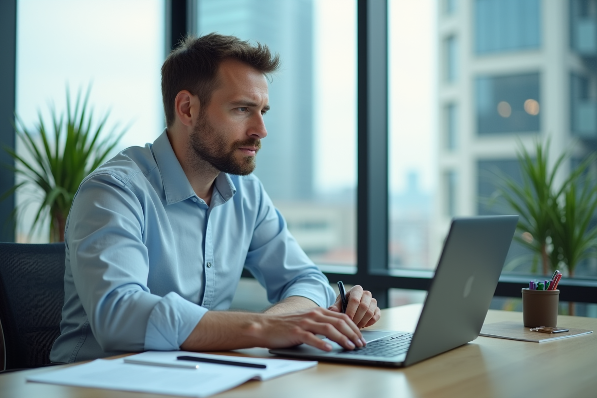 Homme d affaires utilise un calculateur en ligne au bureau