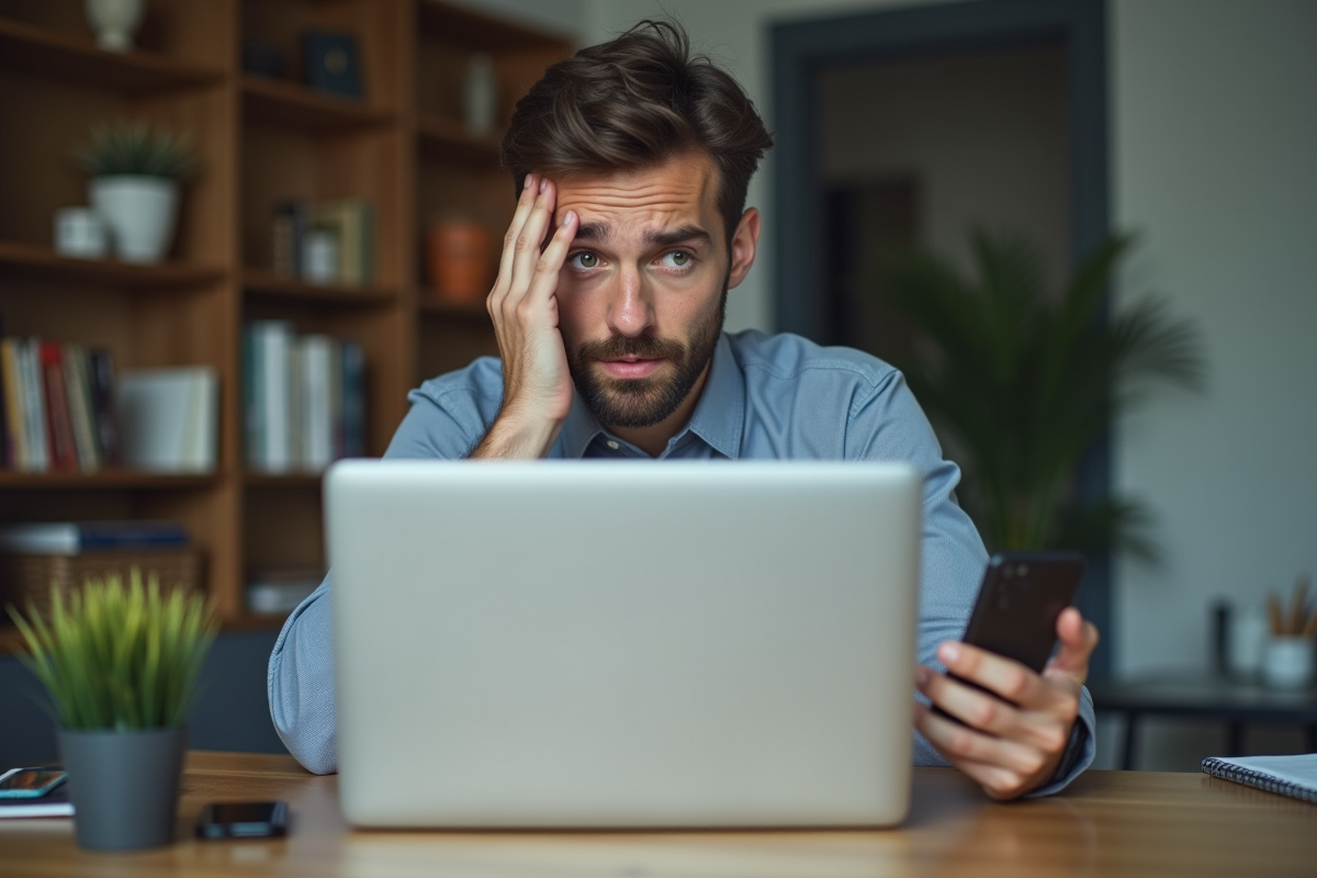 Homme en bureau moderne regarde son ordinateur avec perplexite