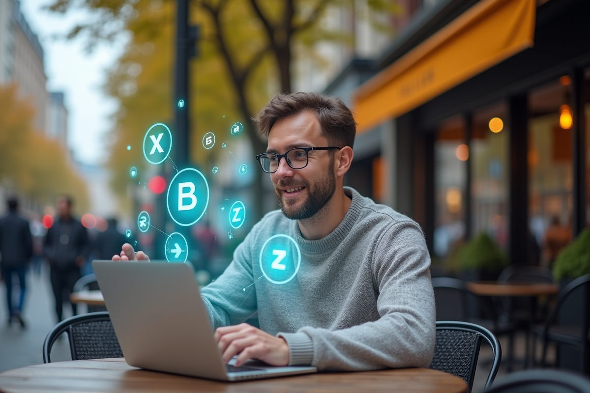 Homme regardant une projection holographique de cryptos en extérieur