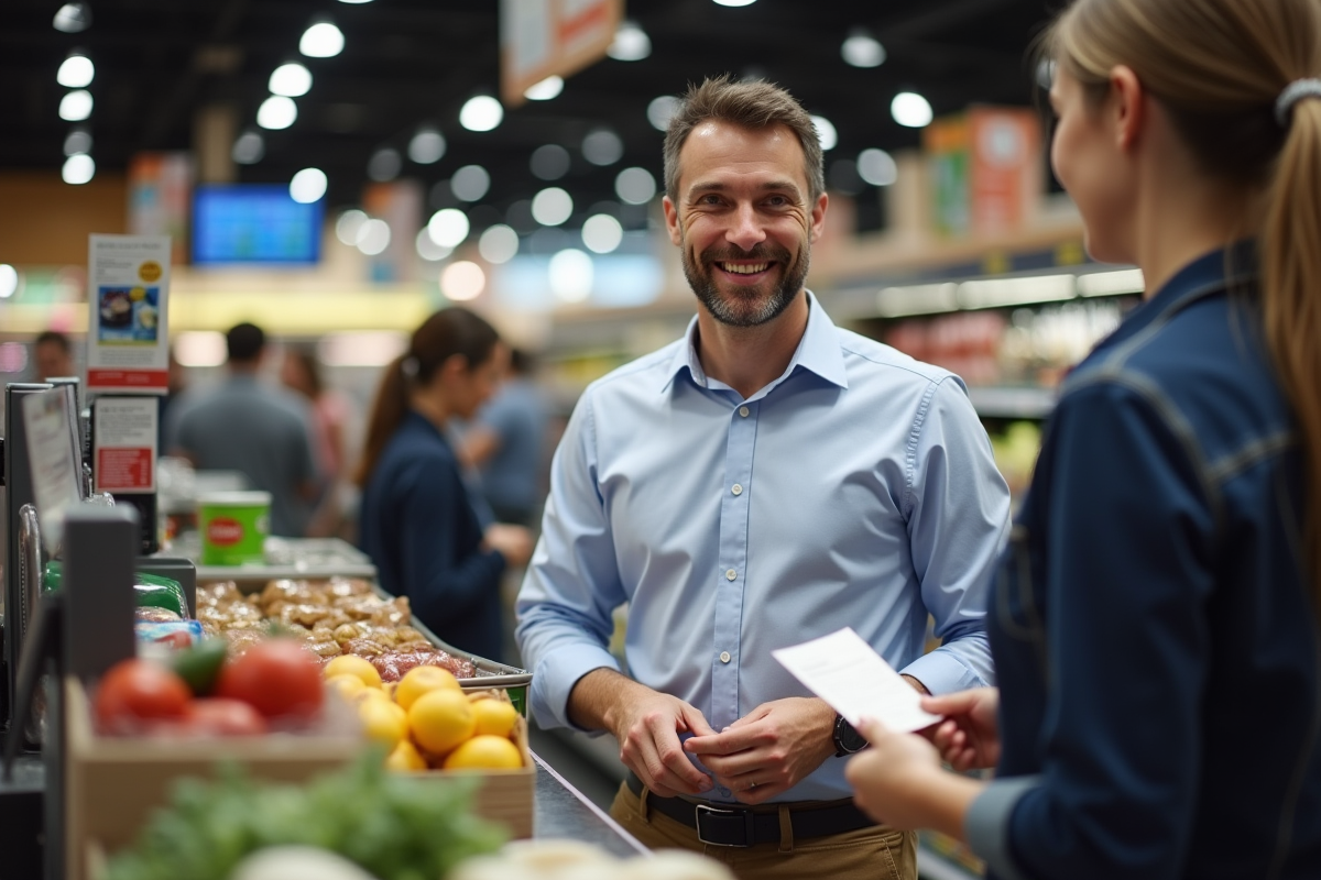 Homme souriant au supermarché lors de l