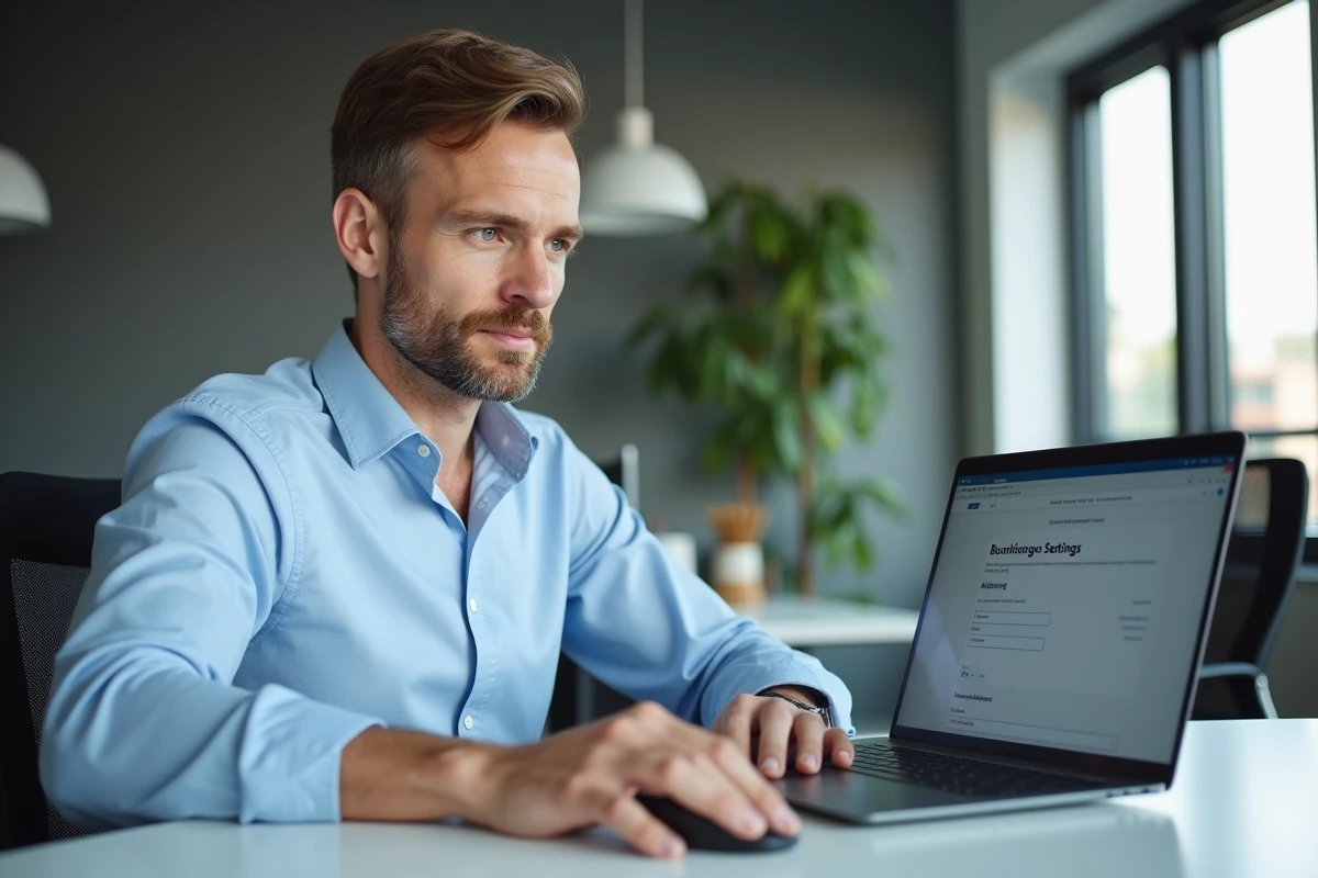 Homme configurant les alertes mail de son compte en ligne CA56 depuis un espace de travail professionnel