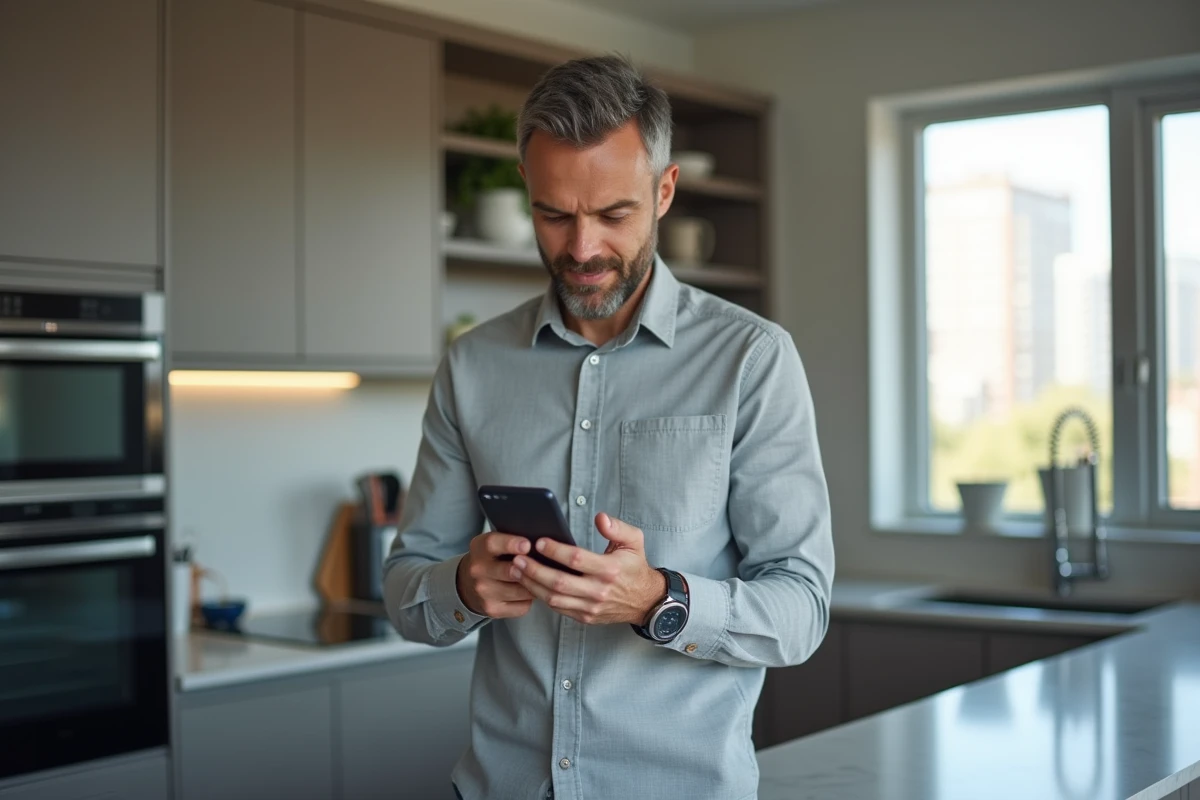 Homme consultant les frais et limites PayPal sur son smartphone dans une cuisine moderne