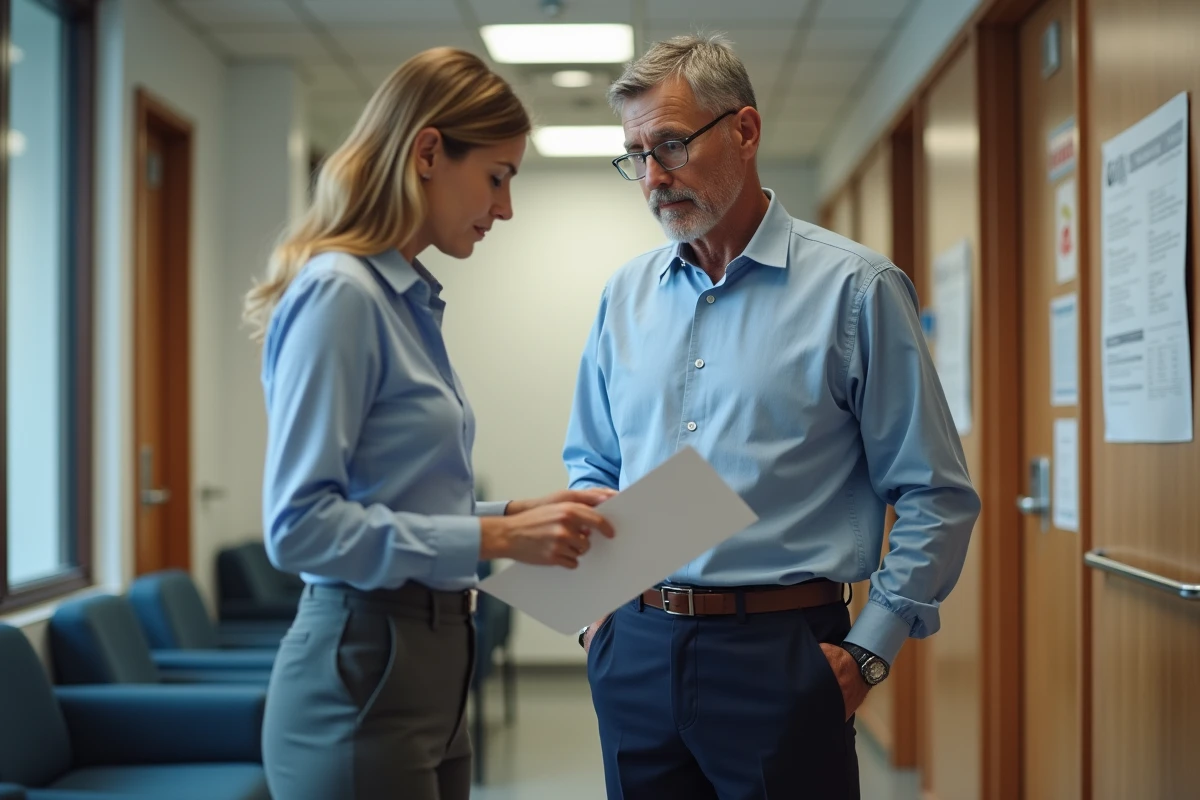 Homme en entretien avec un conseiller dans un bureau administratif