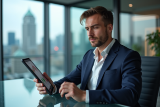 Jeune homme en costume regardant un tableau de cryptomonnaies