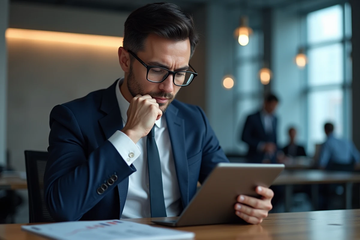 Homme d'affaires analysant des données sur une tablette en bureau moderne