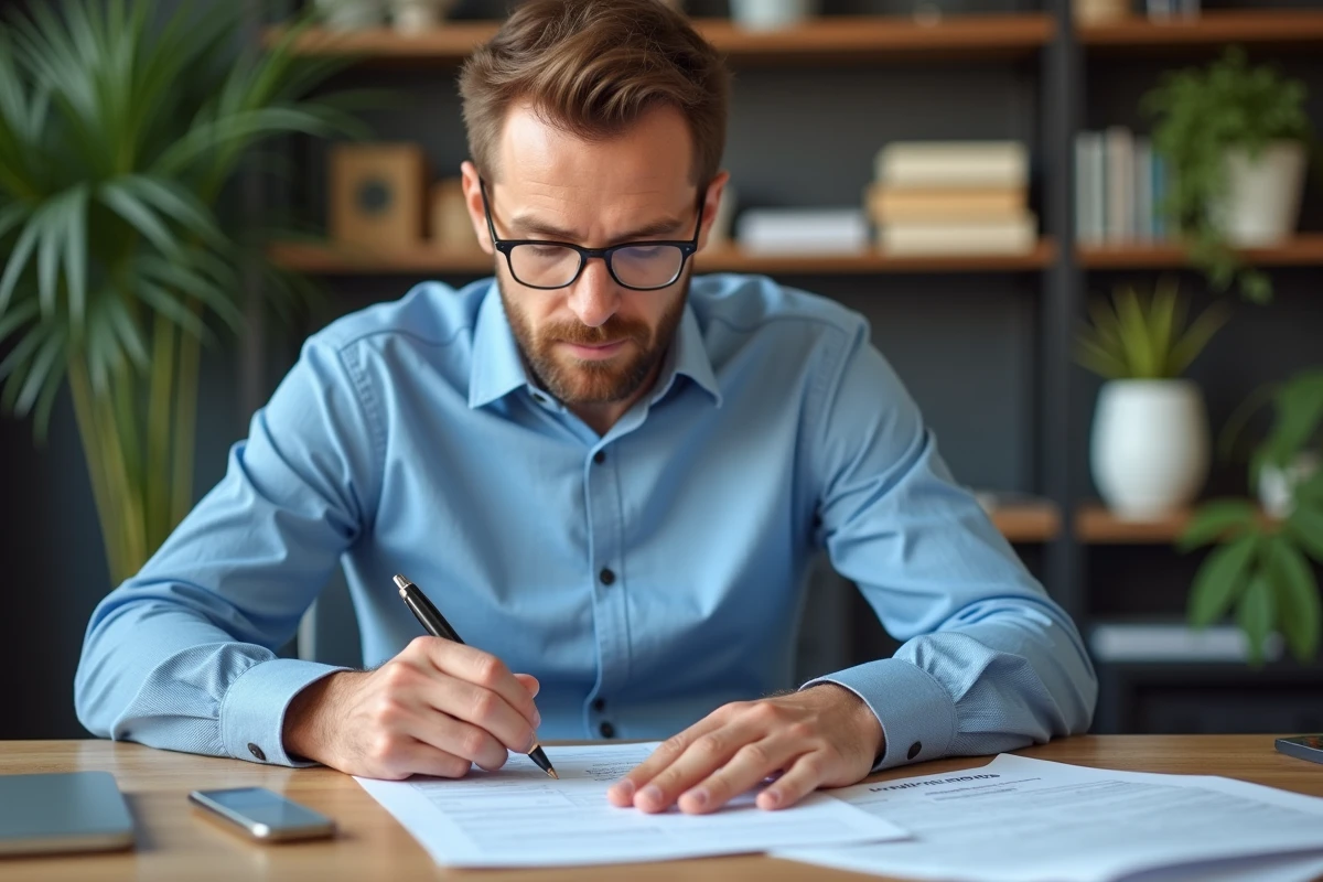 Homme d'âge moyen remplissant une déclaration d'impots