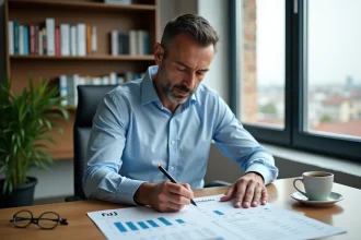 Homme consultant ses documents de dividendes FDJ 2026 dans un bureau à domicile