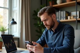 Homme consultant l'application Bitstack sur son smartphone avec une expression concentrée, assis à un bureau en bois avec un ordinateur portable affichant des graphiques financiers