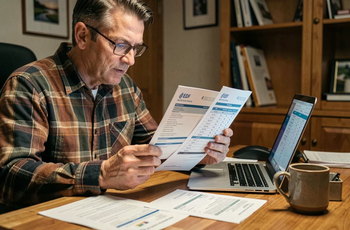 Homme analysant sa facture EDF et les nouveaux horaires heures creuses à son bureau