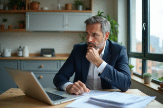 Homme réfléchi en milieu urbain avec documents financiers