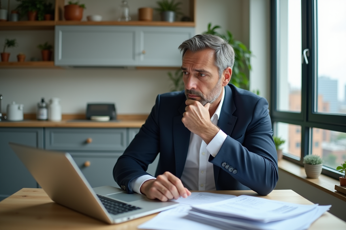 Homme réfléchi en milieu urbain avec documents financiers