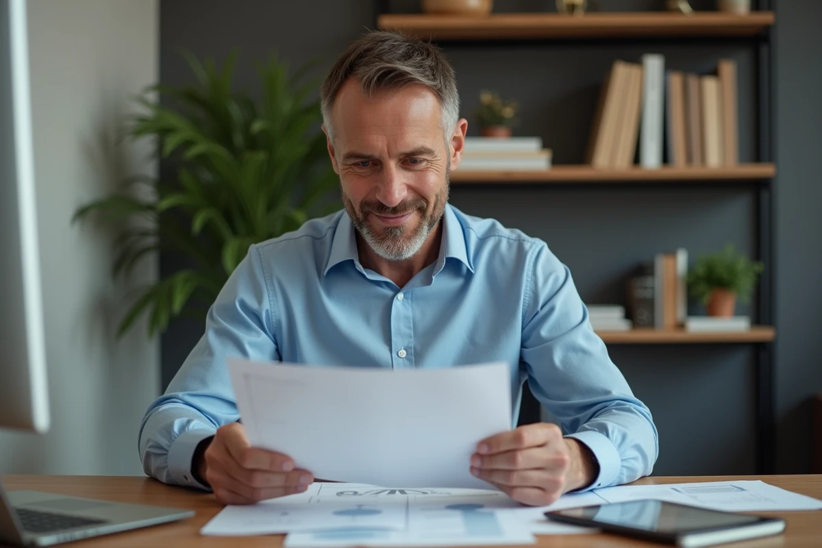 Homme d'âge moyen en bureau moderne pour article finance