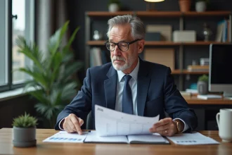 Homme d'âge mûr en costume bleu dans un bureau moderne