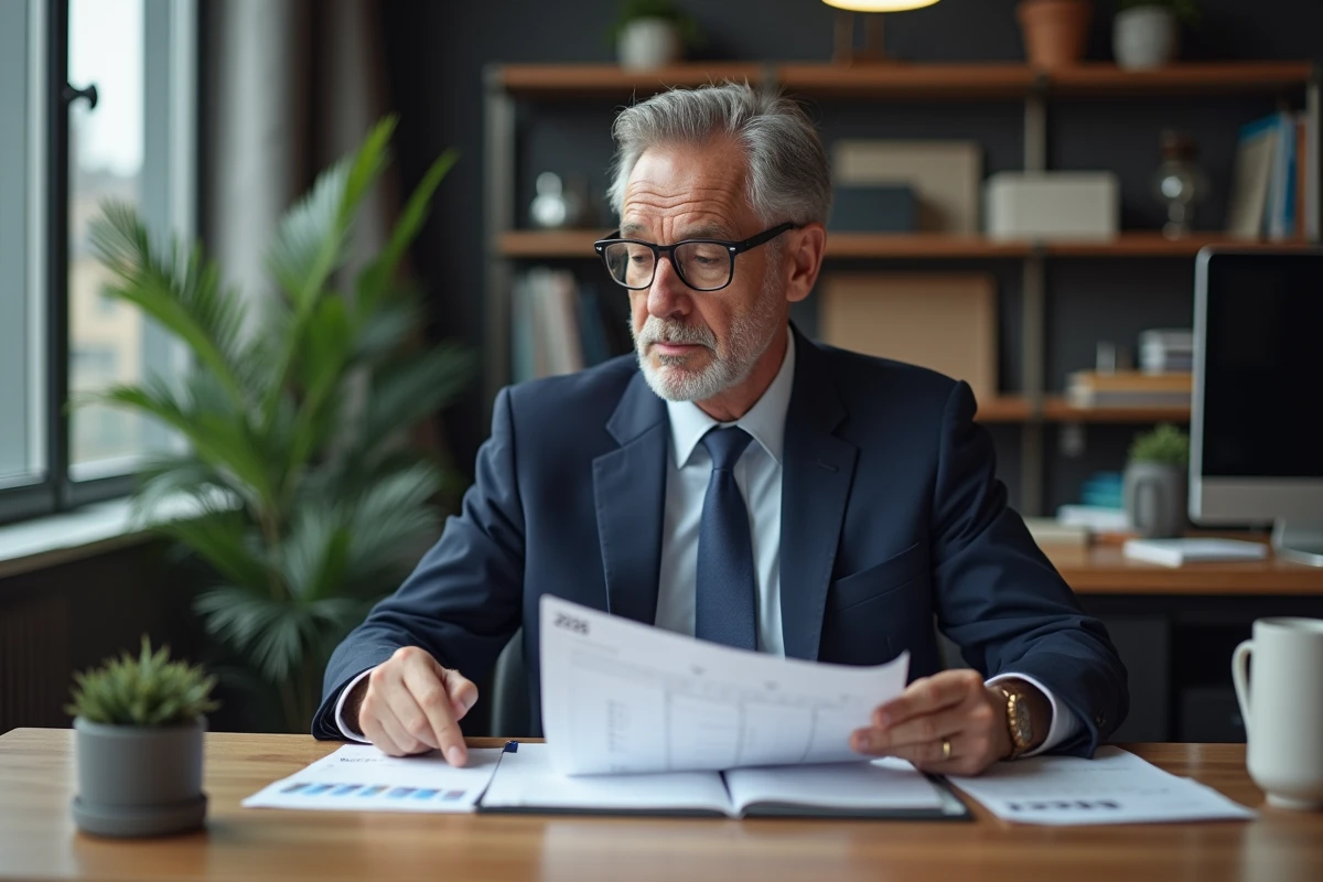 Homme d'âge mûr en costume bleu dans un bureau moderne