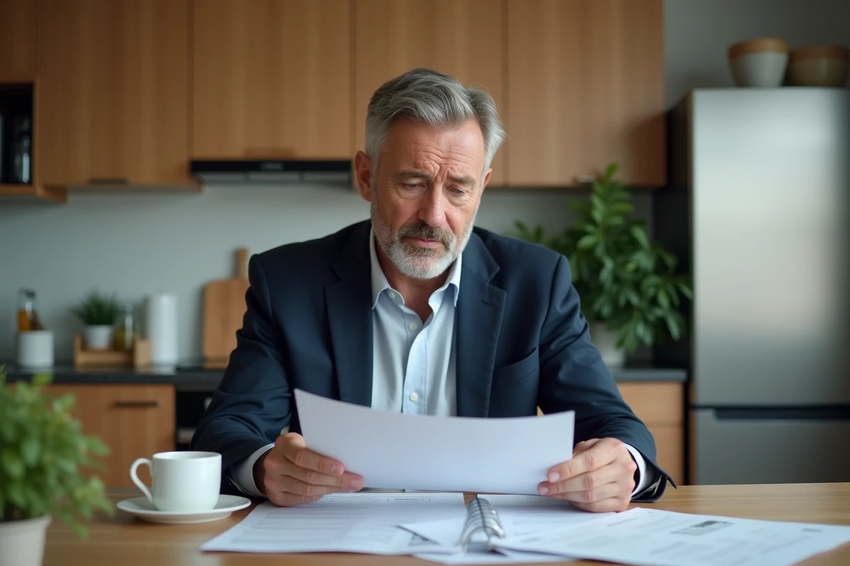 Homme d'âge moyen en blazer examinant des documents d'investissement
