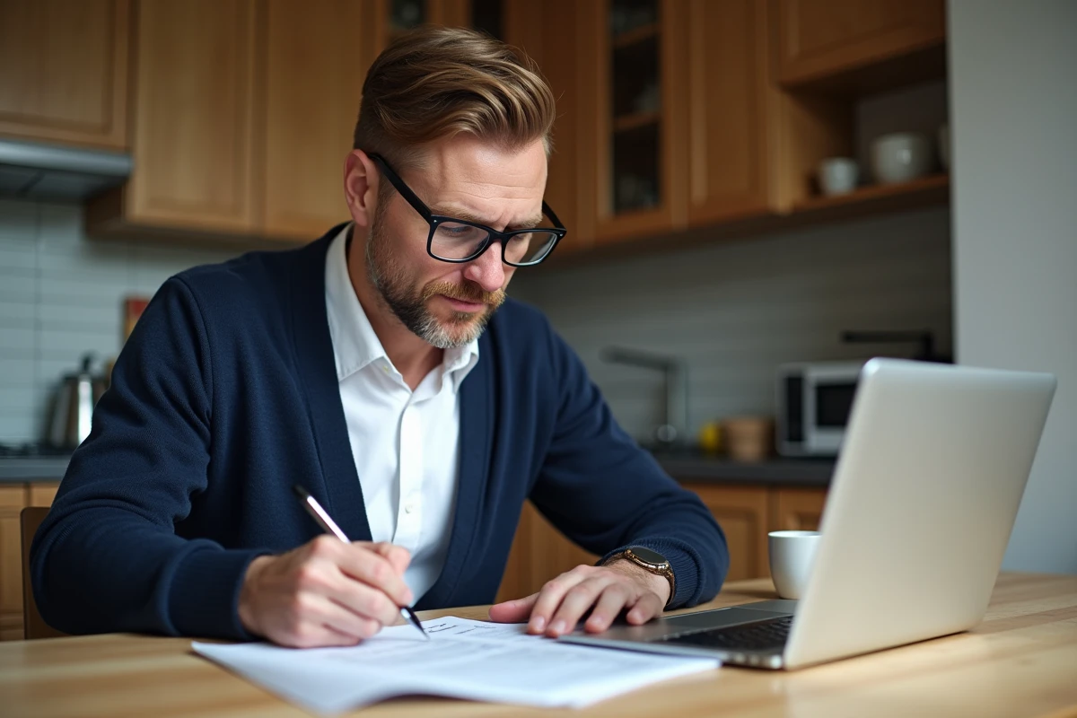 Homme d'âge moyen examinant des documents financiers à la maison