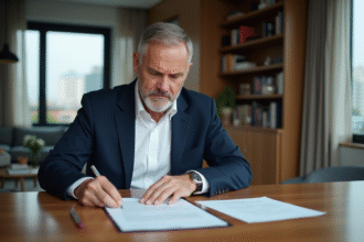 Homme d'âge moyen examinant des documents immobiliers