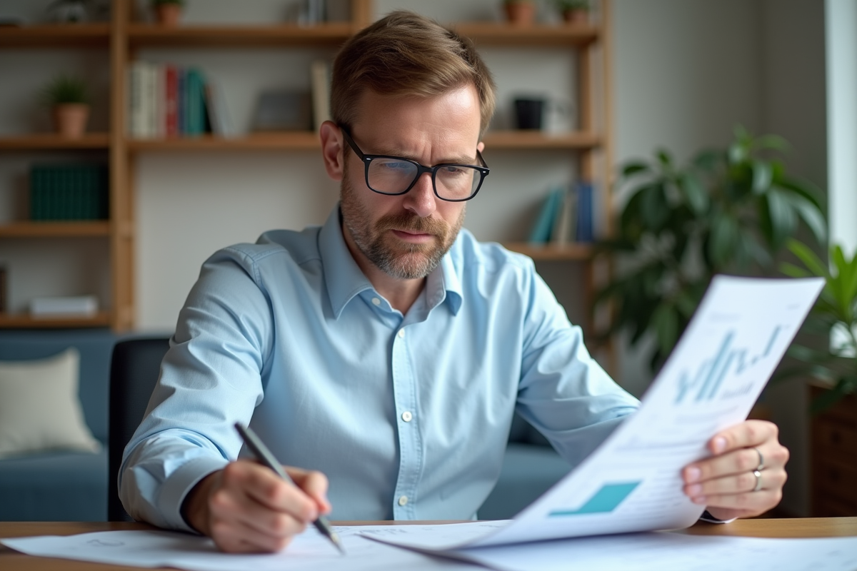 Homme d'âge moyen lisant des relevés boursiers à domicile