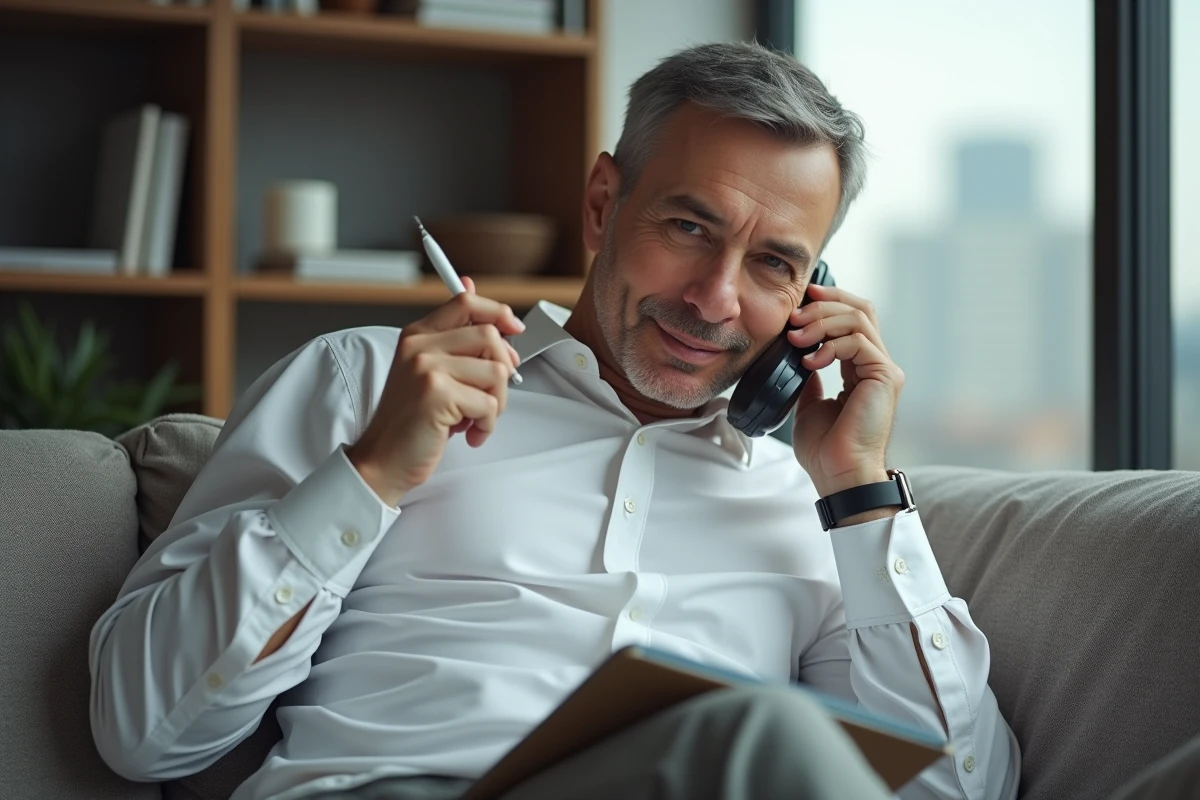 Homme au salon parlant au téléphone et prenant des notes