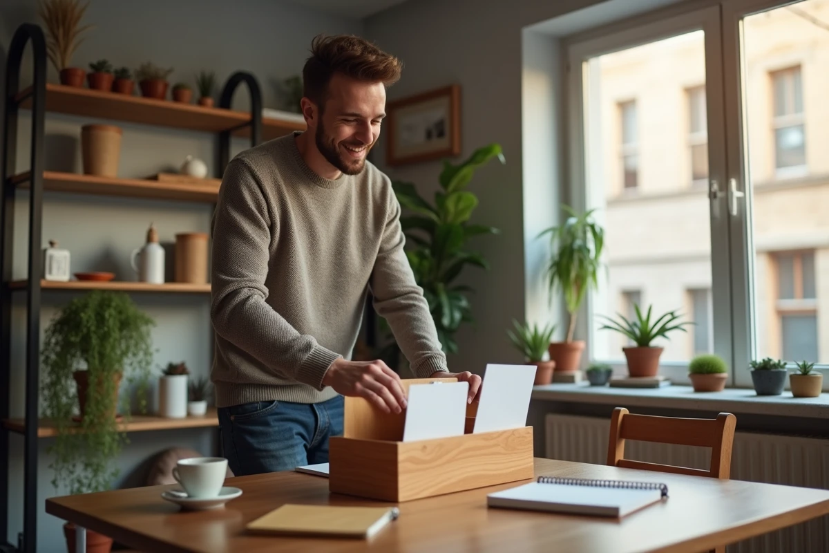 Jeune homme organisant des enveloppes dans un cadre cosy