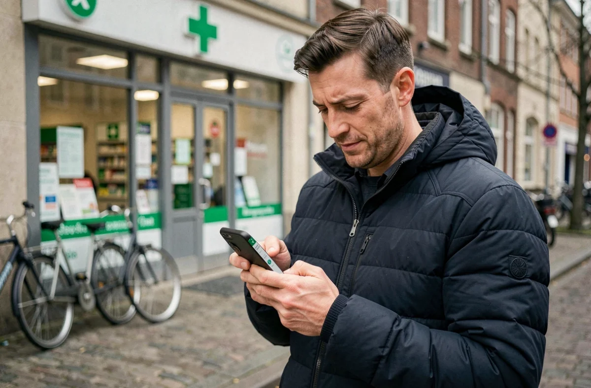 Un homme consulte une application de mutuelle santé sur son smartphone devant une pharmacie en ville