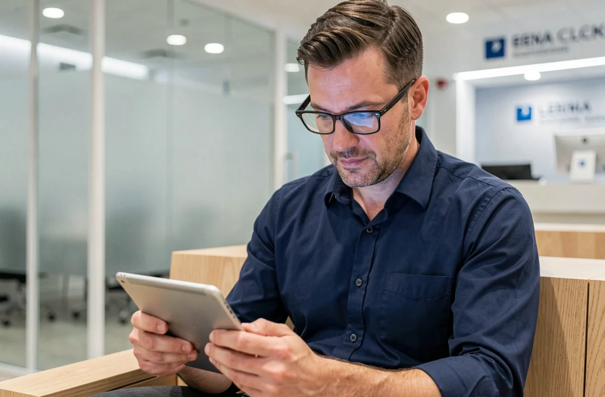 Homme consultant ses opérations en ligne Banque Populaire Val de France sur tablette en agence