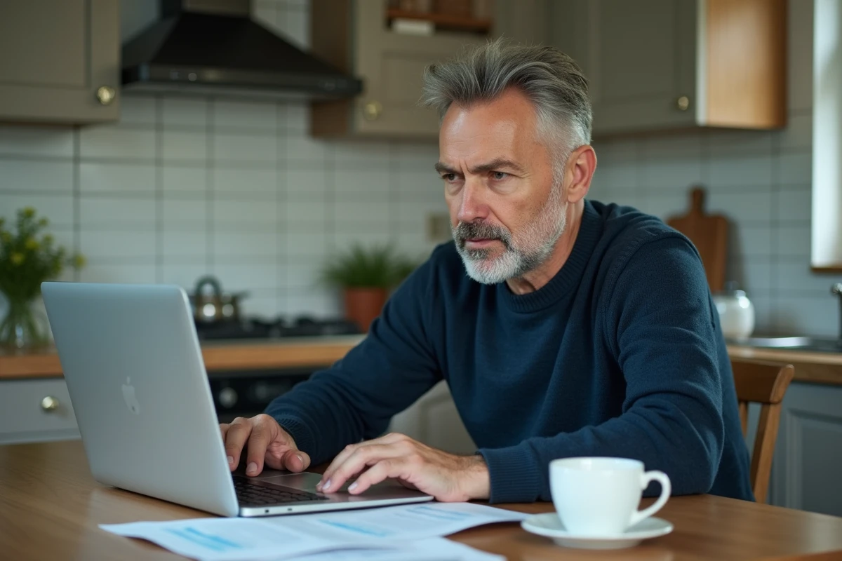 Homme consultant ses documents bancaires et son ordinateur portable pour mettre à jour ses informations CESU Urssaf