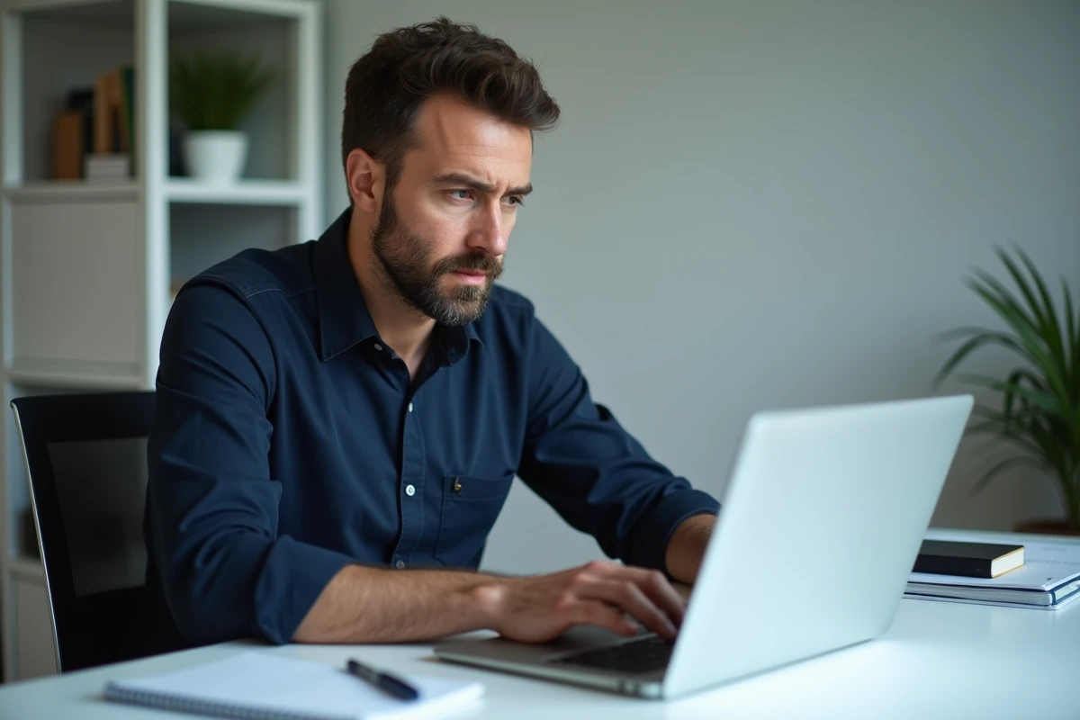 Homme consultant le site France Travail sur ordinateur portable pour modifier ses coordonnées bancaires et résoudre un problème d'allocation