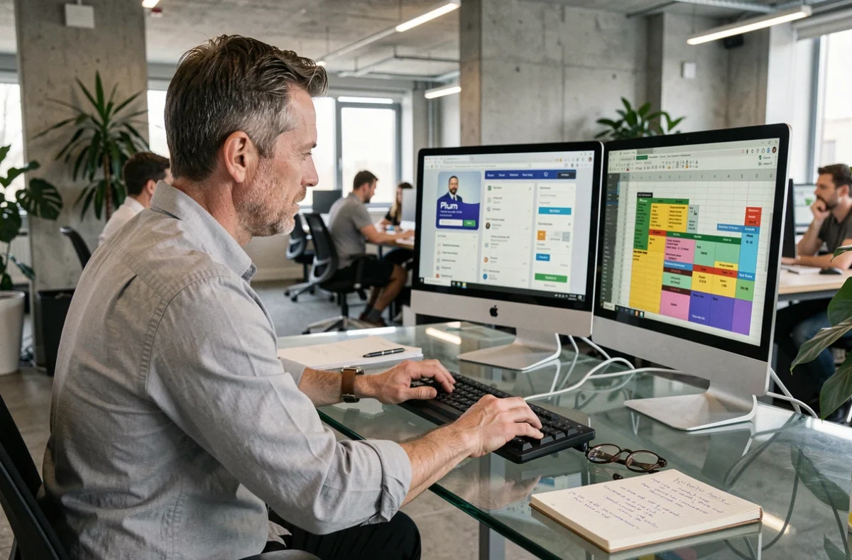 Homme comparant l'application Plum Épargne et un tableau Excel sur deux écrans dans un bureau moderne