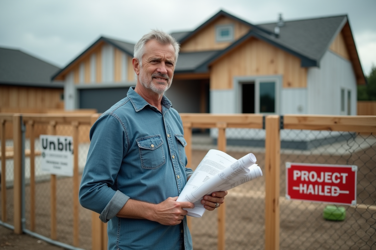 Homme avec plans de rénovation devant un chantier immobilier