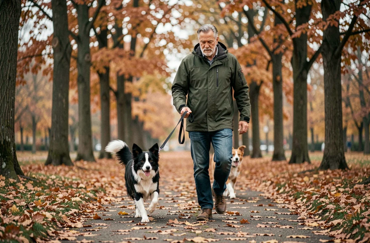 Homme promenant son border collie dans un parc en automne, évoquant la vie quotidienne des propriétaires de chiens assurés par Agria