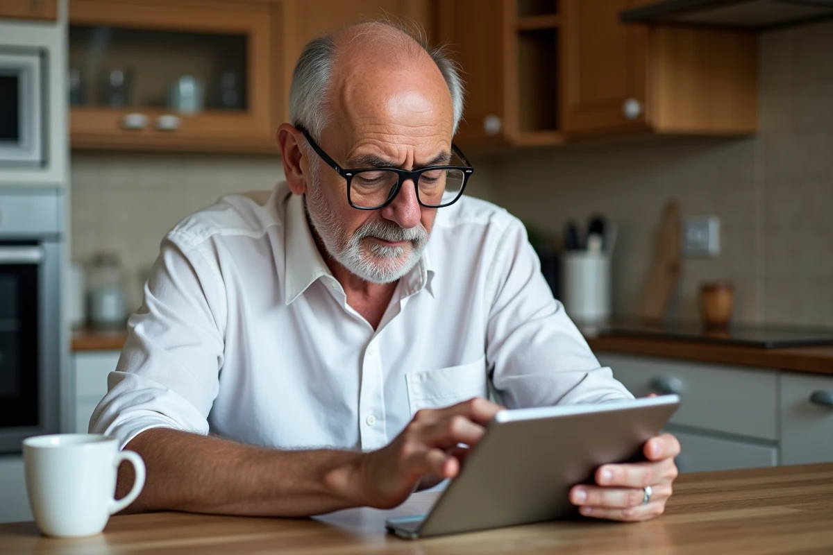 Homme cherchant l'adresse du centre financier La Banque Postale sur une tablette depuis son domicile