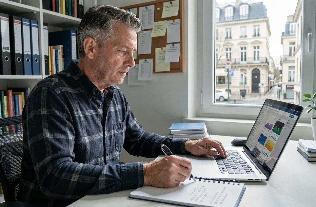 Homme cherchant des options de prêt trésorerie sans justificatif en ligne depuis son bureau à domicile, comparant des solutions de crédit malgré un fichage Banque de France