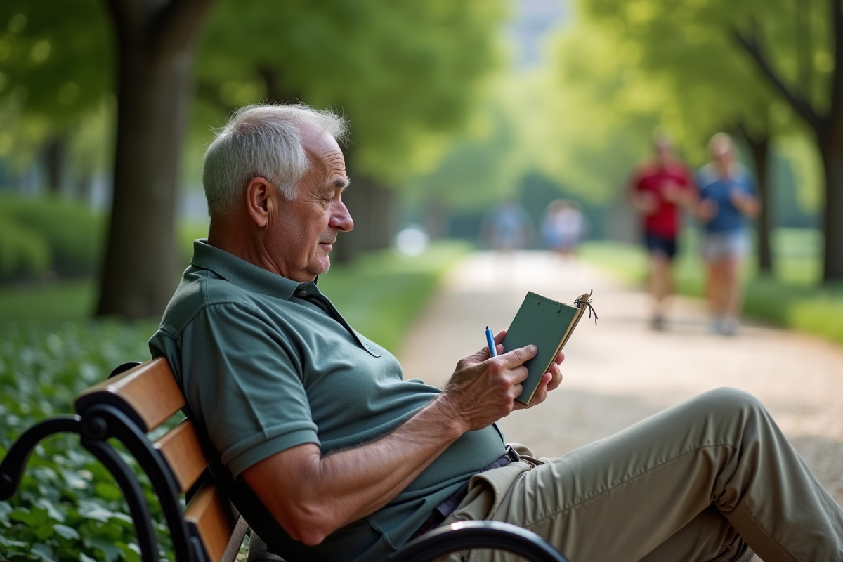 Homme âgé assis sur un banc dans un parc urbain en réfléchissant