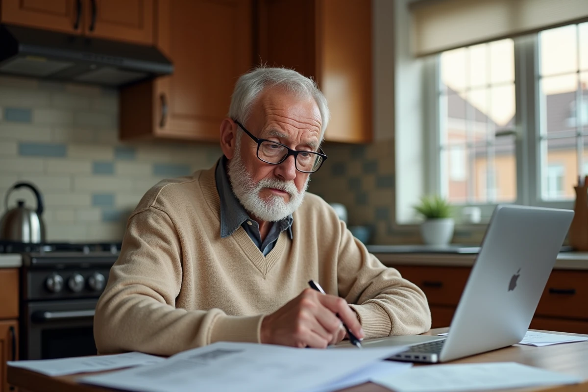 Homme retraité regardant des documents dans sa cuisine chaleureuse