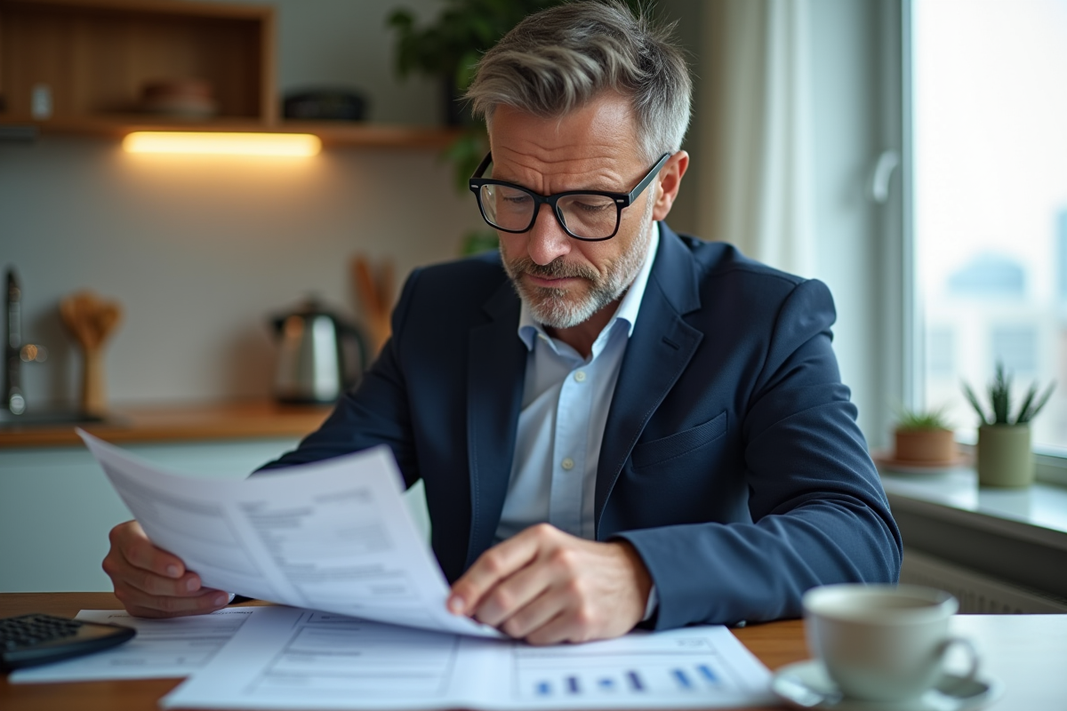 Homme en costume vérifiant des papiers fiscaux dans un appartement moderne