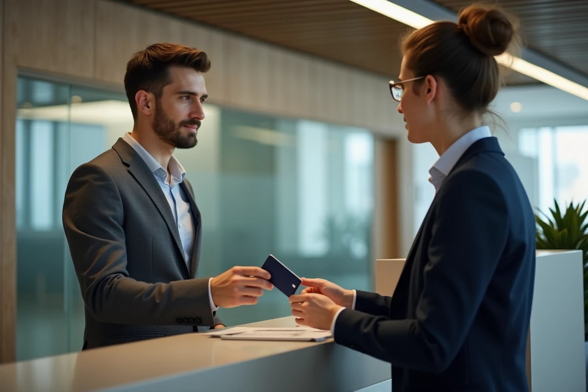 Jeune homme remettant sa carte bancaire au guichet bancaire