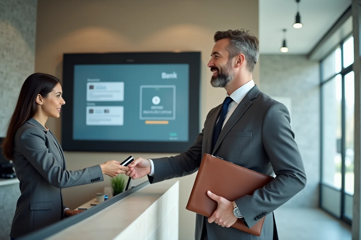 Homme daffaires remettant sa carte dans une agence bancaire