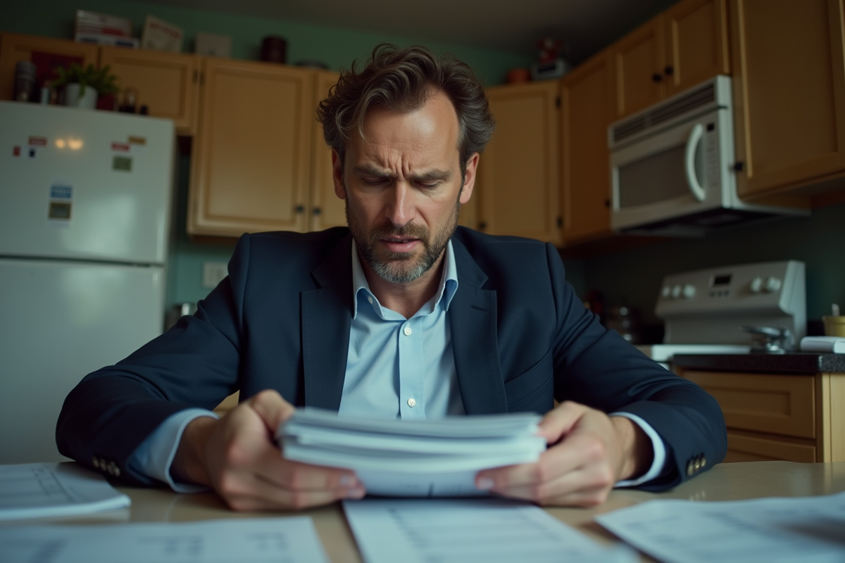Homme anxieux examinant ses factures de credit impayees
