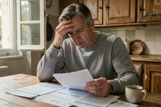 Homme stressé examinant des documents financiers et relevés bancaires à une table de cuisine, illustrant les difficultés de trésorerie et le fichage Banque de France