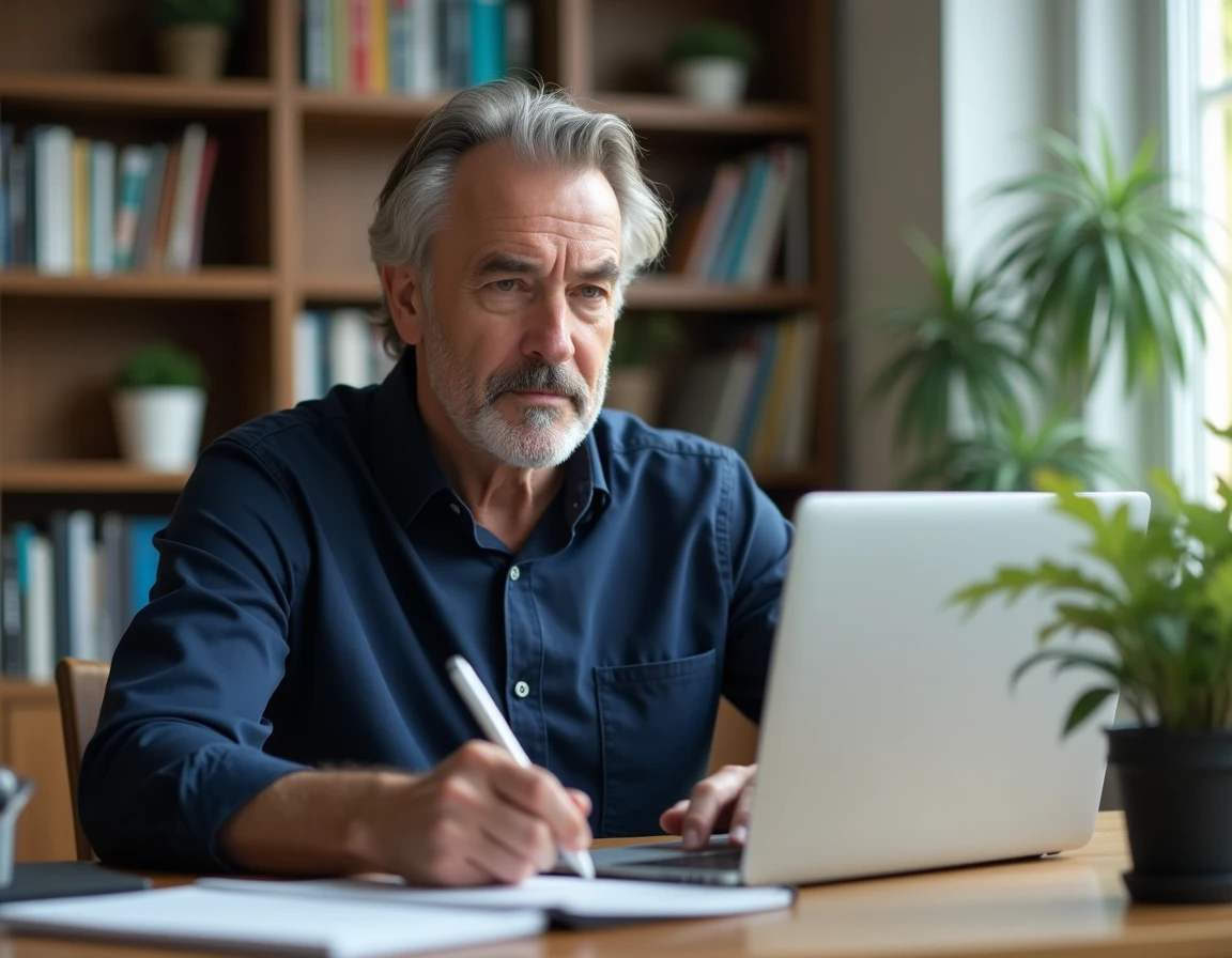 Homme contactant le support client en ligne depuis son bureau à domicile pour un retard de paiement