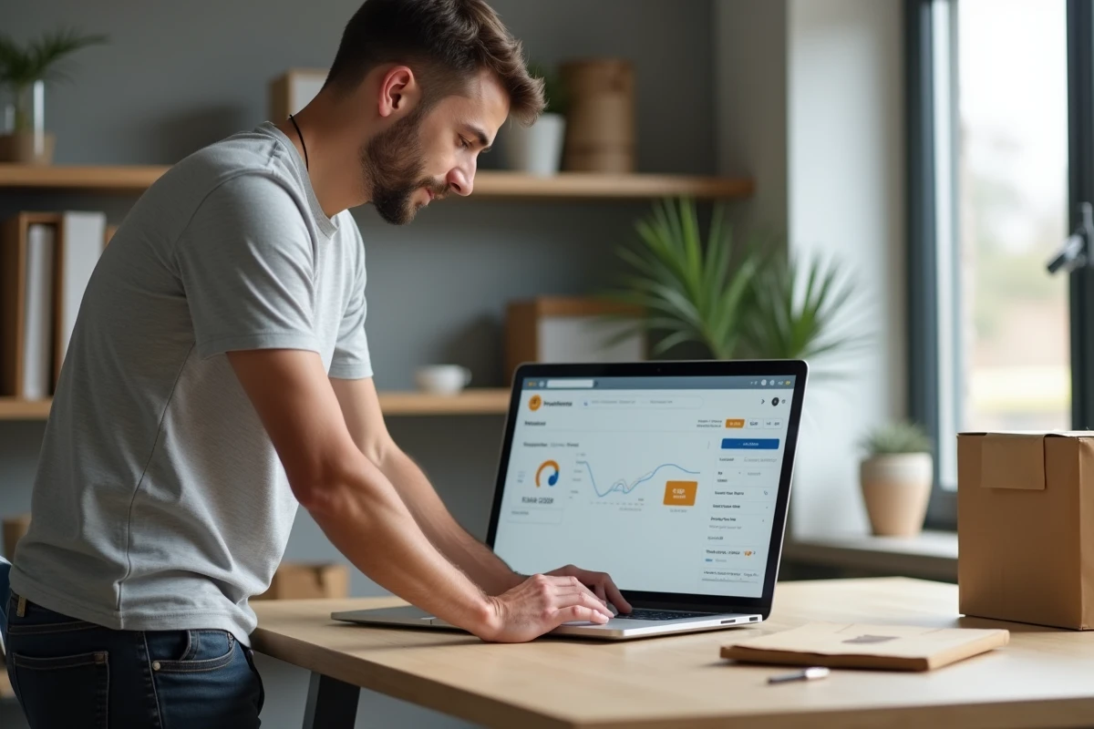 Homme consultant un tableau de bord de paiement en ligne Mangopay sur un ordinateur portable dans un bureau minimaliste avec des colis de vente
