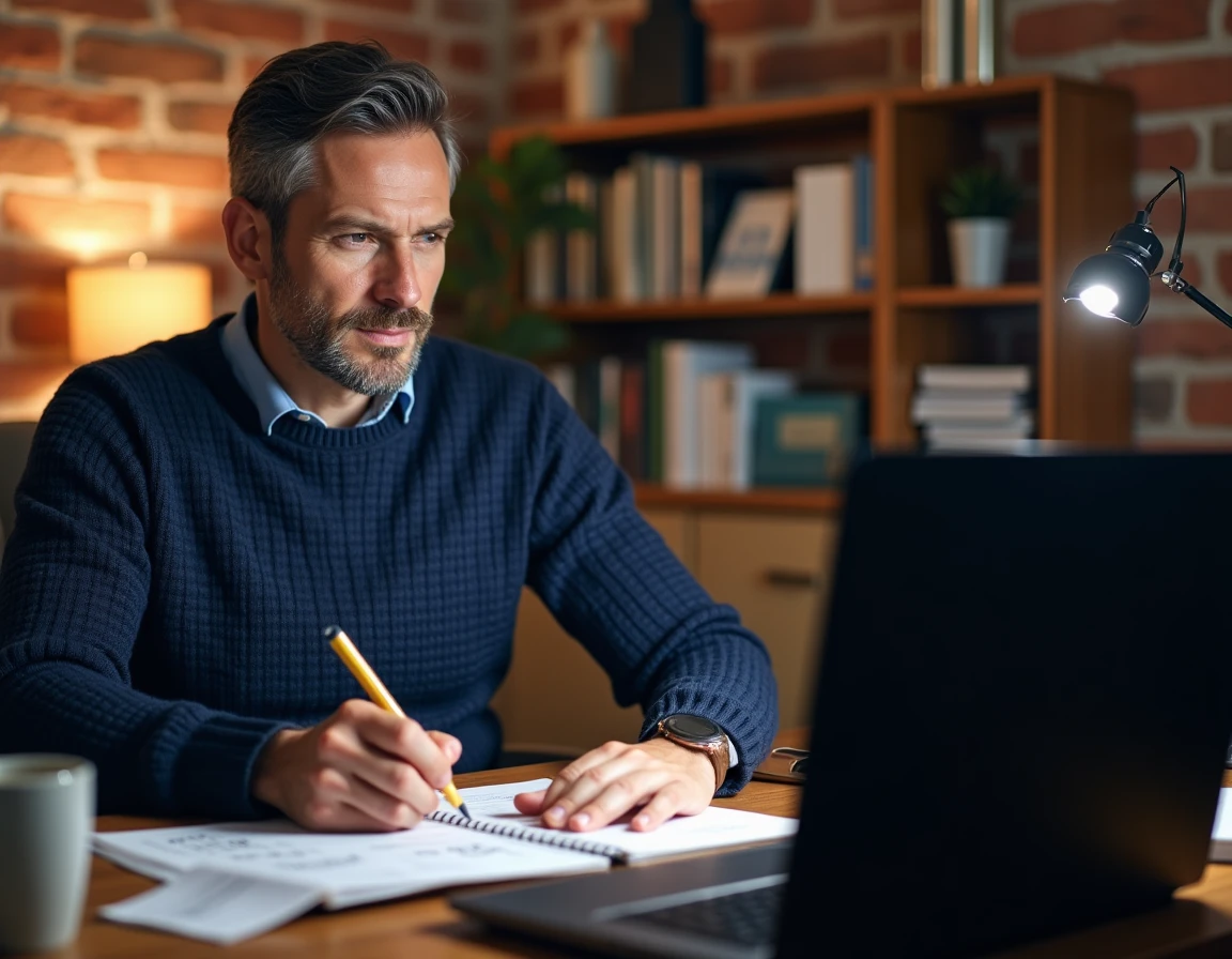 Homme en télétravail utilisant un simulateur de salaire en ligne pour anticiper sa fiche de paie 2026