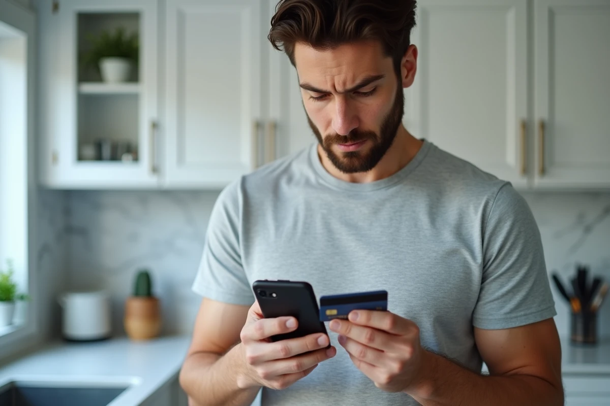 Homme vérifiant une notification suspecte sur son application bancaire mobile avec une carte de crédit à la main