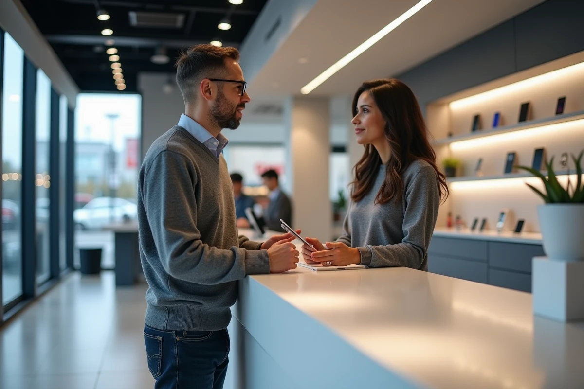 Homme discutant avec un conseiller dans un magasin de téléphones
