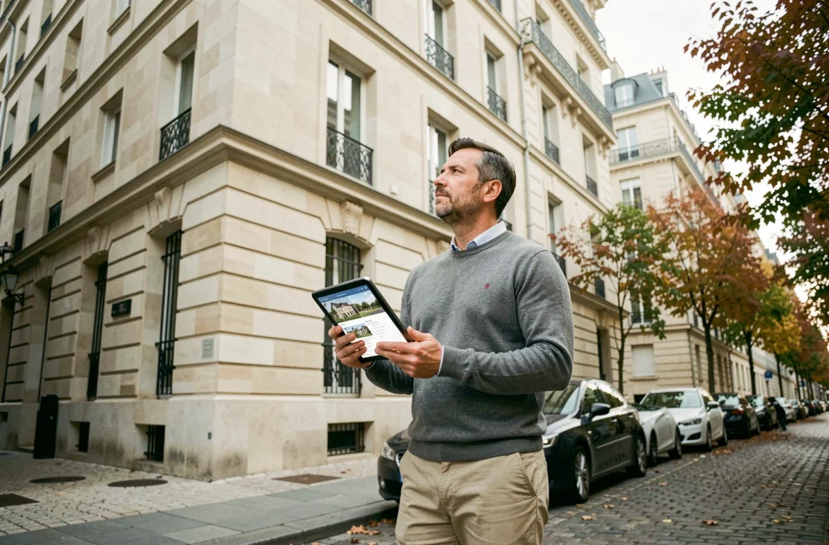 Investisseur immobilier devant un immeuble résidentiel en pierre lors d'une visite SCPI