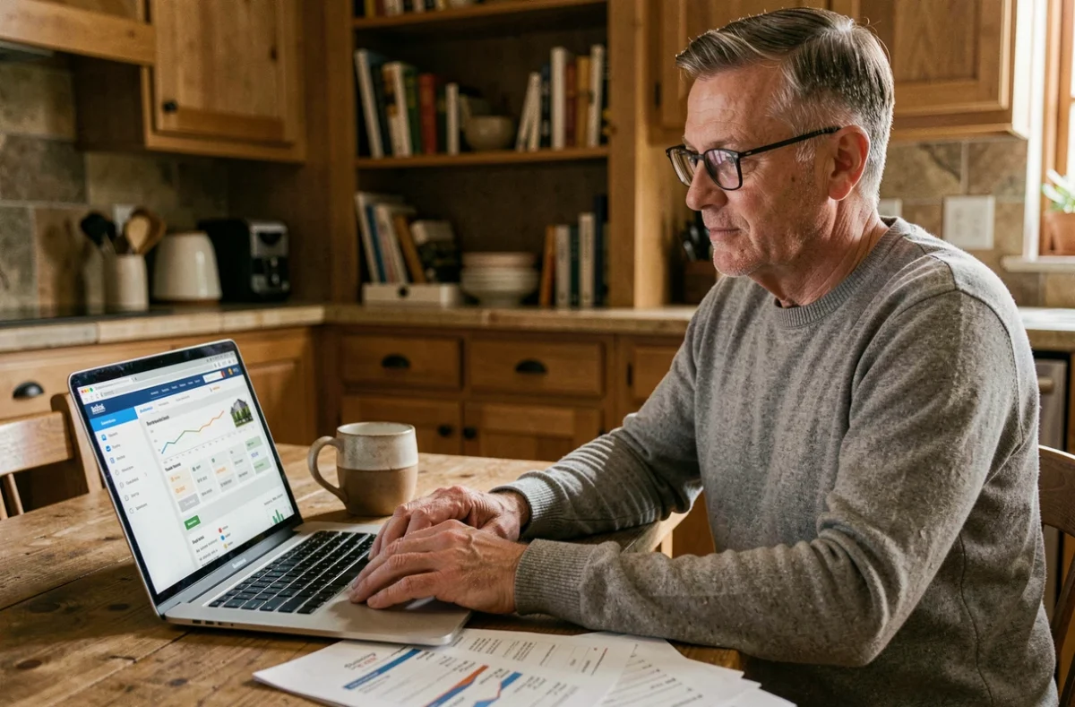 Homme investisseur particulier consultant une plateforme SCPI sur son ordinateur à domicile