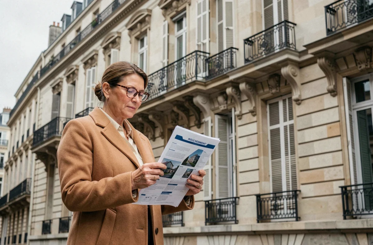 Une investisseuse examinant un rapport de placement SCPI devant un immeuble haussmannien représentatif du patrimoine immobilier français